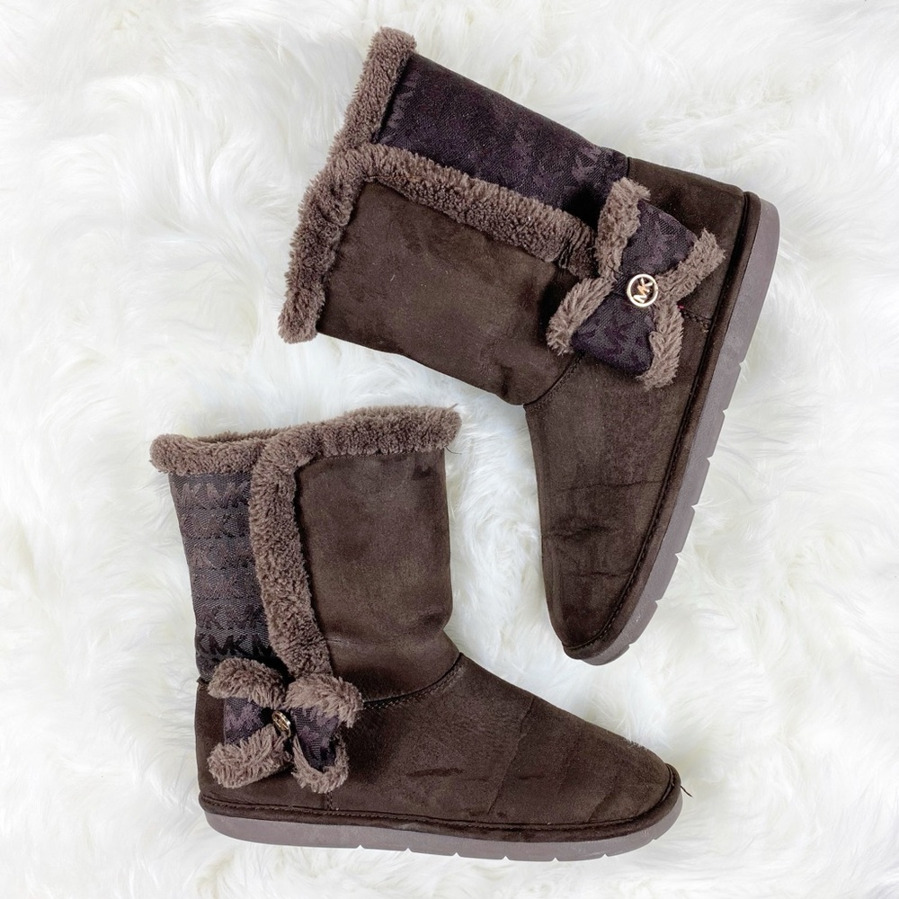 Michael Kors Girls Brown Monogram Suede Boots Fur Kids Size 5